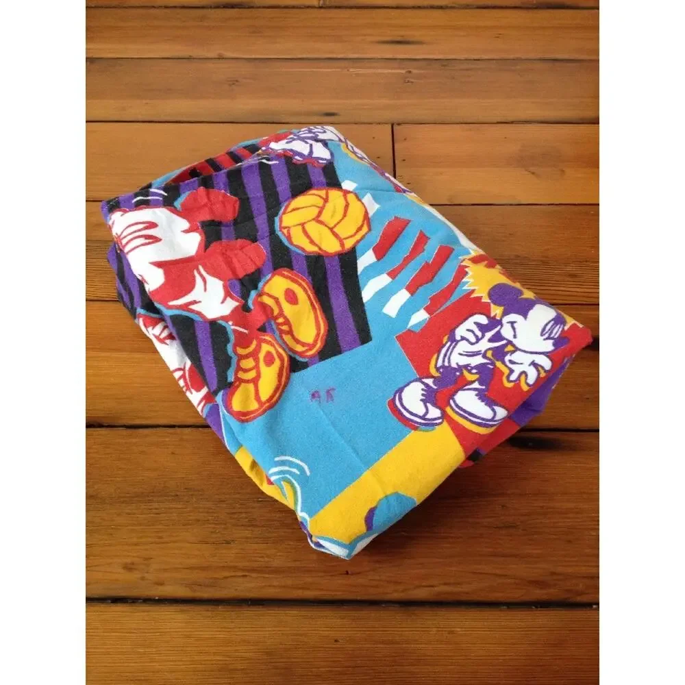 Vtg 90s Team Mickey Mouse Disney Vaporwave Twin Flannel 100% Cotton Flat Sheet